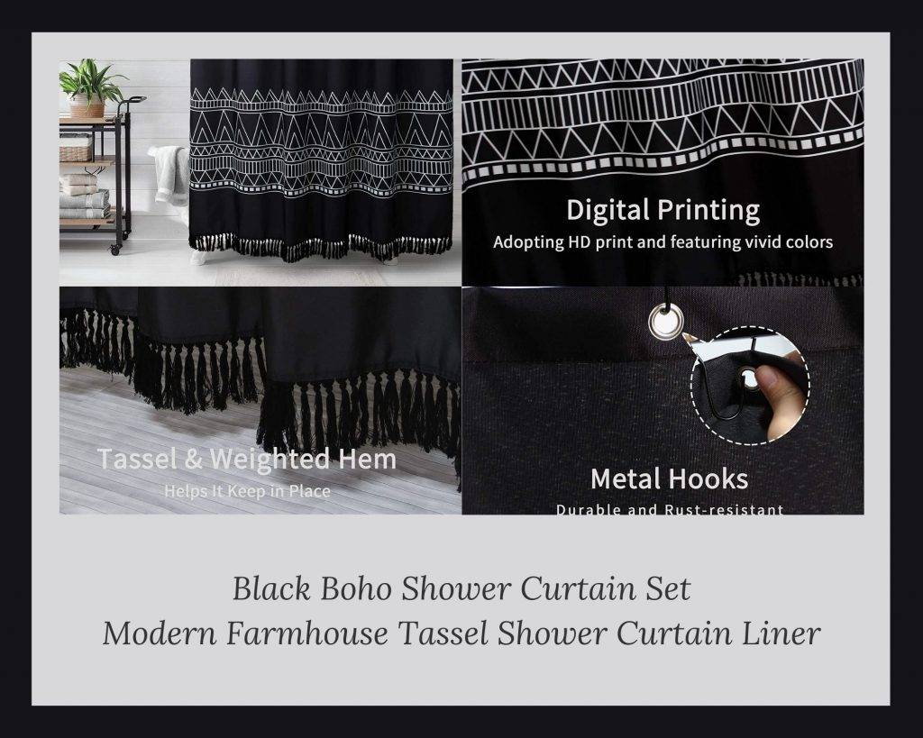 mitovilla black boho shower curtain set